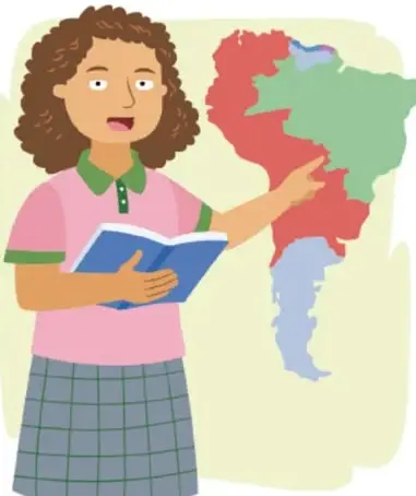Ilustración de una estudiante (Herenia González Zúñiga, Ciudad de México) con cabello rizado, uniforme de escuela (camisa rosa y falda gris a cuadros), sosteniendo un libro abierto y señalando un mapa de América con regiones coloreadas en rojo, verde y azul.