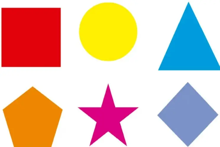 Seis figuras geométricas de colores: cuadrado rojo, círculo amarillo, triángulo azul, pentágono naranja, estrella rosa y rombo lila.