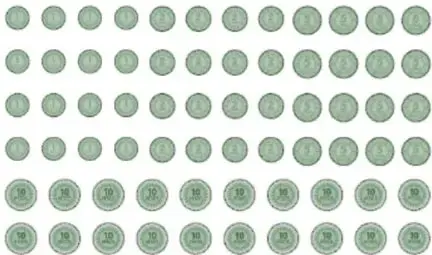 Rejilla de monedas recortables: cinco filas de monedas pequeñas claras (denominaciones de $1, $2 y $5) y dos filas finales de monedas de $10, que en total suman las 68 piezas descritas.