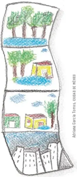 Ilustración de un libro acordeón desplegado con cuatro escenas: árboles junto a un río, un paisaje con casa y agua, una comunidad con casas y nubes, y una ciudad con edificios junto al agua.