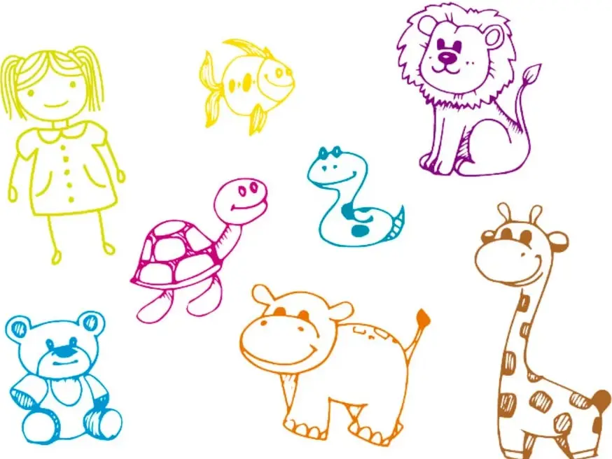 Ilustraciones de seres vivos: niña, pez, león, tortuga, serpiente, oso, vaca y jirafa, dibujados con líneas simples y colores.
