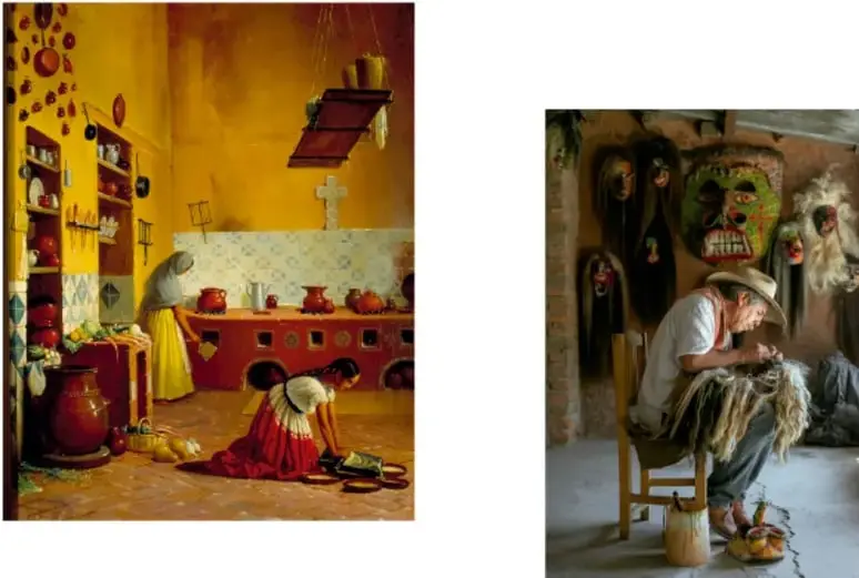 Escena de una cocina tradicional con paredes amarillas: una mujer de pie junto a un anaquel con ollas de barro y una mujer arrodillada moliendo en el metate; al fondo, un comal y utensilios colgados.