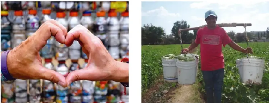 Manos formando un corazón frente a un fondo de botellas y envases reciclables.