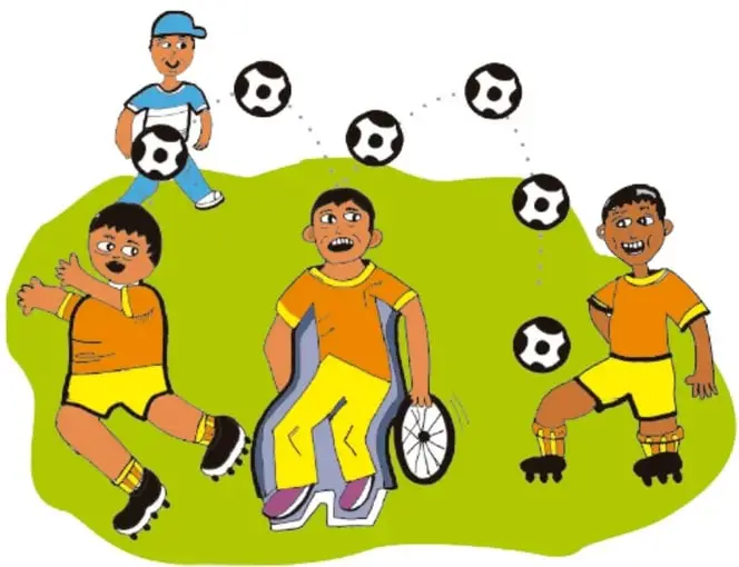 Ilustración de niños y niñas jugando fútbol en un campo verde, con un niño en silla de ruedas participando con su balón; crédito de Ruttila Vega Rubio, Tlaxcala.