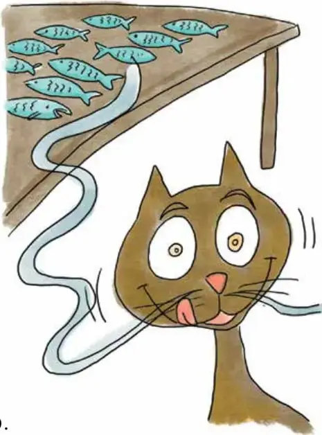 Ilustración de un gato atigrado con un pez en la boca y varios peces pequeños alrededor.