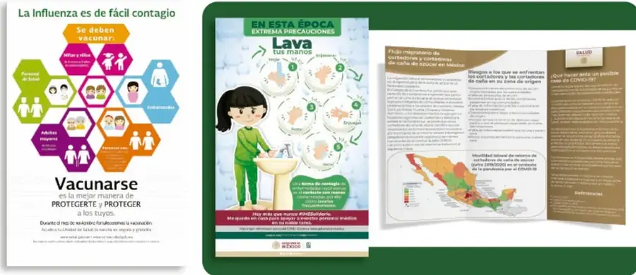 Cartel de vacunación: 'La influenza es de fácil contagio. Se deben vacunar: niñas y niños, adultos y mayores de 60 años, embarazadas, enfermos crónicos', organizado con hexágonos de colores y el mensaje 'Vacunarse es la mejor manera de protegerte y proteger a los tuyos'.