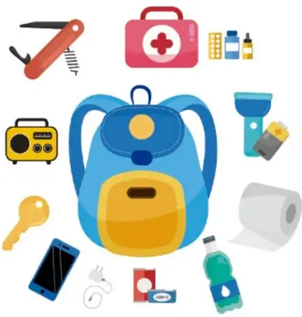 Ilustración de una mochila de emergencia rodeada de objetos: navaja, botiquín, medicamentos, radio, llave, teléfono, audífonos, lámpara, batería, papel higiénico y botella de agua.