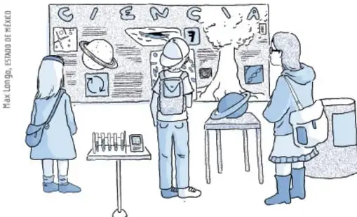 Ilustración de tres estudiantes frente a un mural titulado CIENCIA, con instrumentos de laboratorio sobre una mesa, revisando artículos y materiales de divulgación científica.