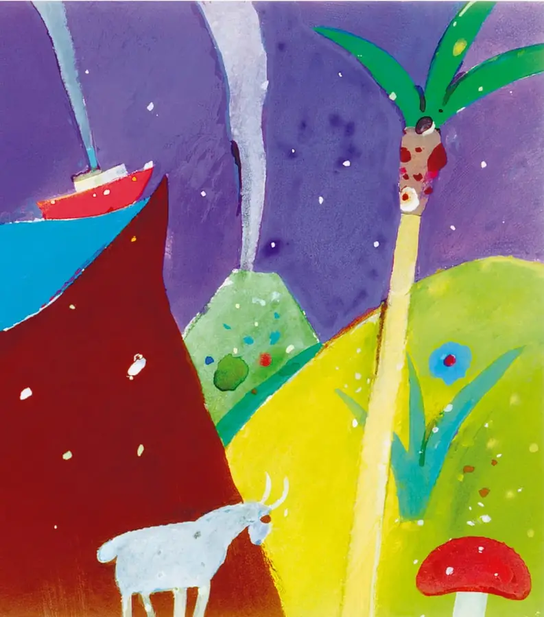 Pintura naíf de colores intensos: cielo morado con manchas blancas, un mar azul en lo alto de un cerro rojo oscuro donde navega un barco rojo con humo, un camino o humo gris que baja del cielo, un animal blanco con cuernos y patas largas, un cerro verde amarillo con un hongo rojo de puntos blancos, una flor azul y un árbol altísimo de tronco claro con manchas rojas y hojas verdes.