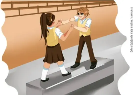 Ilustración de dos estudiantes, una niña y un niño con uniforme escolar, frente a frente sobre una saliente de una pared, con los brazos extendidos intentando desequilibrarse mutuamente. Crédito: Dulce Eridani Mata Mejía, Tamaulipas.