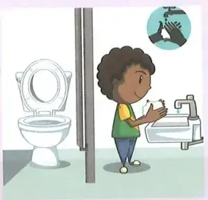 Niña lavándose las manos y un inodoro, como referencia para ahorrar agua en los baños de la escuela.