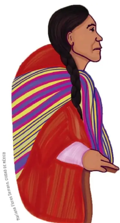 Ilustración de una mujer originaria de perfil, con larga trenza, chal a rayas de colores (rosa, morado, amarillo) y ropa roja. Crédito: Mariana Flores Serrano, Ciudad de México.