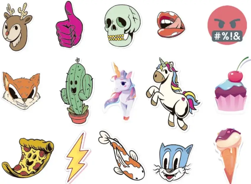 Colección de stickers: cabeza de veneno, pulgar arriba, calavera, boca con lengua, emoji enojado con símbolos #%!&