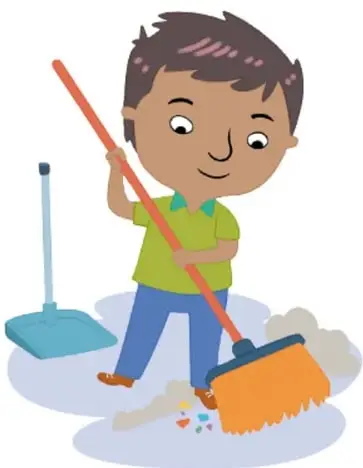 Ilustración de un niño barriendo el piso con una escoba, apoyando en las tareas del hogar.
