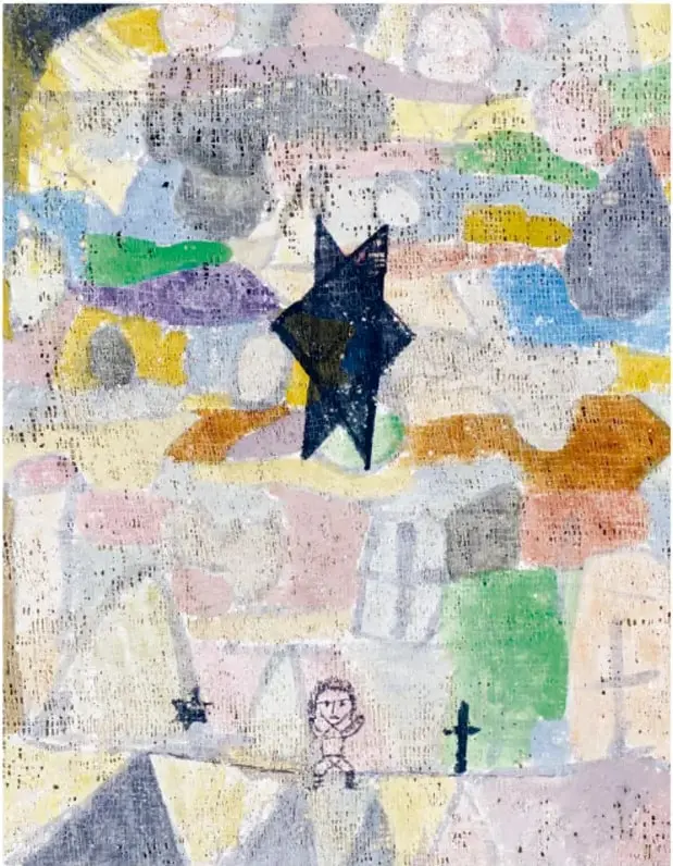 Reproducción de la obra Analítica de planta (1932) de Paul Klee: composición geométrica con triángulos, rectángulos y formas blancas sobre fondo rosa y gris.