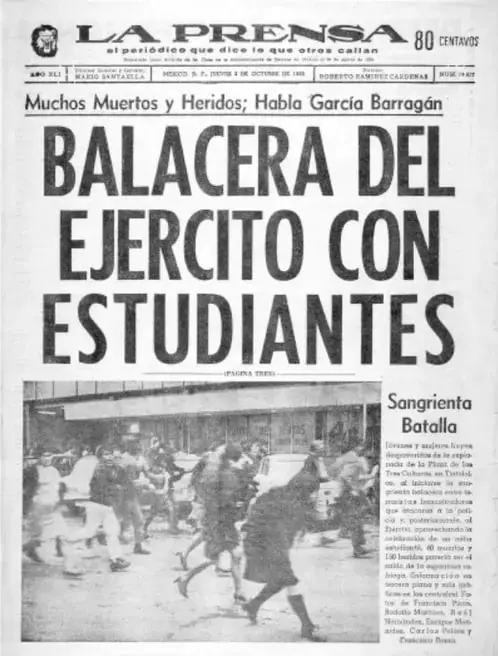 Primera plana del periódico La Prensa del 3 de octubre de 1968 con el titular 'BALACERA DEL EJERCITO CON ESTUDIANTES' y una fotografía de la 'Sangrienta Batalla'.