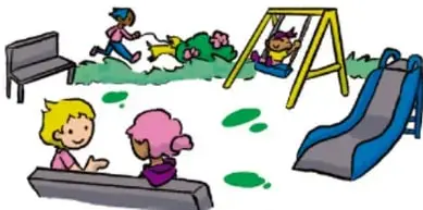 Ilustración de un parque o recreo con resbaladilla, columpio, banco y niños jugando.