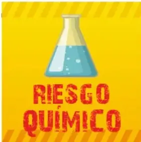 Cartel amarillo con matraz de laboratorio y el texto 'RIESGO QUÍMICO'