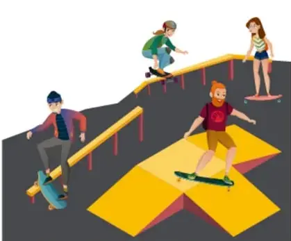 Ilustración de patinadores en una rampa, uno de ellos descendiendo y otro en la parte superior.