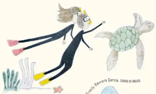 Buzo nadando hacia una tortuga marina verde junto a algas y estrellas de mar