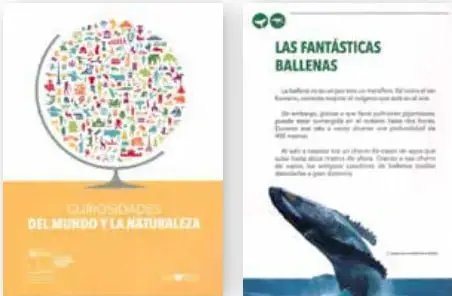 Dos portadas de libros: una titulada 'Curiosidades del mundo y la naturaleza' con ilustraciones de animales, y otra titulada 'Las fantásticas ballenas' con la imagen de una ballena.