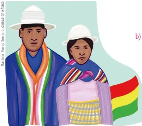 Ilustración de una pareja con vestimenta andina y sombreros blancos junto a la bandera de Bolivia (roja, amarilla y verde). Crédito: Mariana Flores Serrano, Ciudad de México.