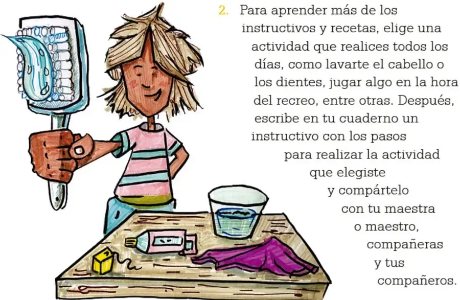 Ilustración de un niño sosteniendo un cepillo de dientes gigante junto a una mesa con pasta dental, un vaso con agua y una toalla.