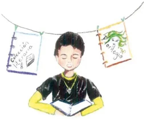 Ilustración de un niño leyendo un libro, con dos hojas colgadas de un cordel: una dice 'Colección literaria' y otra 'Florilegio'.
