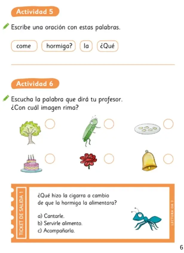 Dibujos de un árbol, una cigarra y un plato con círculos para marcar.