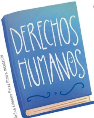 Ilustración de un libro azul con el título "Derechos Humanos" escrito a mano; crédito lateral: Karina Elizabeth Ponce Pérez Olvera, NÚCLEAKN.