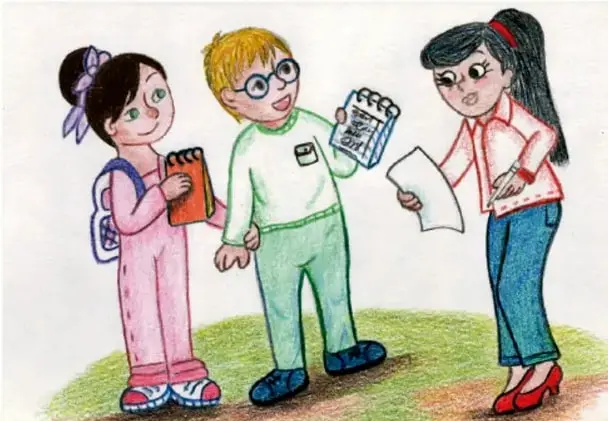 Una niña con mochila rosa y un niño con lentes muestran sus invitaciones a una señora que escribe en una hoja; crédito: Elizabeth Solis Balderras, TLAXCALA.