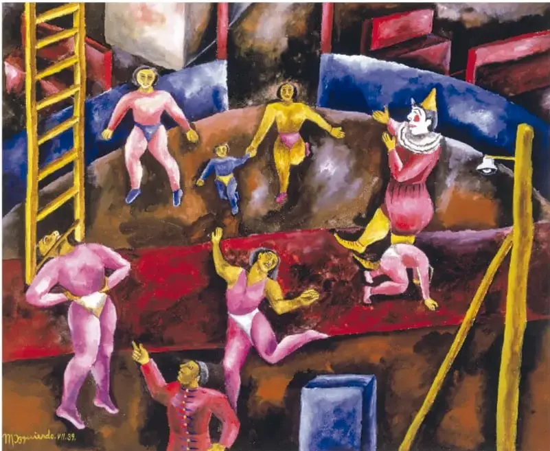 Reproducción de la pintura *El circo* (1939) de María Izquierdo. Escena circense con una escalera amarilla a la izquierda, un trapecio, varios personajes femeninos en ropa rosa y roja haciendo equilibrios y acrobacias, un payaso con gorro cónico y cuello blanco, y un público sugerido con manchas rojas y azules. Predominan el rojo y el azul.