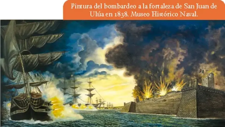 Pintura del bombardeo a la fortaleza de San Juan de Ulúa en 1838, Museo Histórico Naval: barcos de guerra disparando cañones contra la fortaleza.