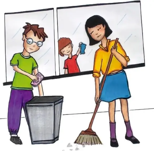 Ilustración de tres estudiantes trabajando en equipo para limpiar el salón: uno bota la basura, otro barre y una más limpia el pizarrón (crédito: Graciela Patricia Frutos Maza, Ciudad de México).