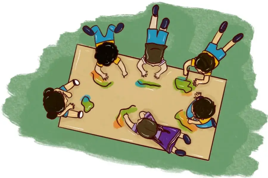 Ilustración de seis niños dibujando con pintura alrededor de una gran hoja de papel en el piso, sobre un fondo verde. Crédito: Gimenna Schiaffini Rosales, PUEBLA.