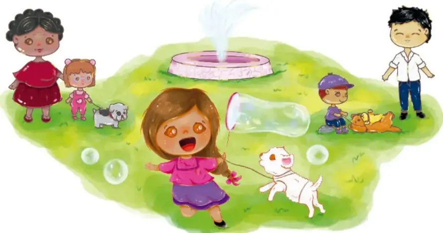 Niños y niñas con sus mascotas en una plaza con fuente; ilustración de Cristy Ailed Reyes Espinosa, Zacatecas.