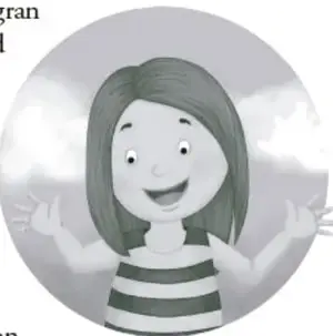 Ilustración de una niña sonriente con los brazos abiertos, con fondo de nubes.