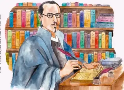 Ilustración de un escritor novohispano frente a estantes de libros (crédito: Ana Teresa Zayas Clawva, HUPECAL).