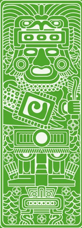 Ilustración decorativa de estilo mesoamericano en blanco sobre fondo verde, que representa una figura antropomorfa con rasgos estilizados, posiblemente una deidad o símbolo relacionado con la tierra.
