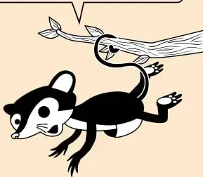 Ilustración de un animal (hurón) colgado de una rama, con un globo de texto que explica la propiedad de la reflexión.