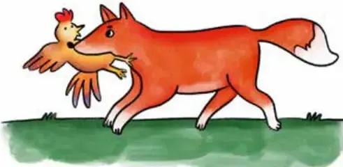 Ilustración de un zorro rojo que lleva en el hocico a un gallo de cresta roja, caminando sobre el pasto verde.