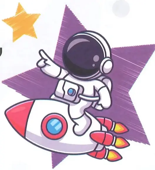 Pequeña ilustración de un planeta con un cohete, relacionada con la imaginación y la aventura del aprendizaje.