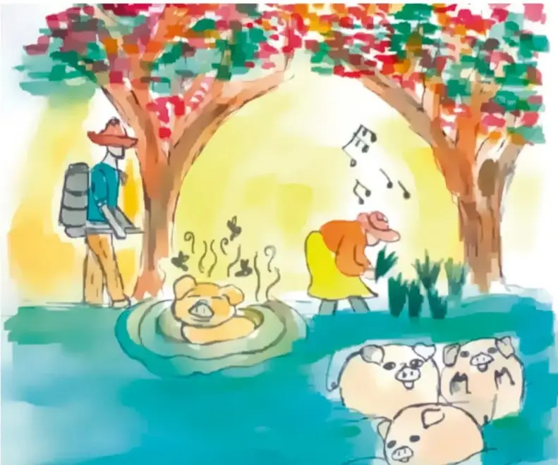 Ilustración de una granja con árboles frondosos, un granjero con sombrero y una mujer alimentando animales. Un puerquito se baña en un estanque mientras otros cerdos están en el agua. Hay notas musicales flotando.