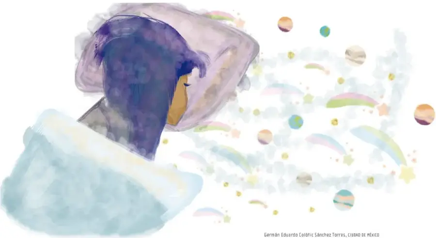 Ilustración de una niña acostada mirando un cielo imaginario con planetas de colores, arcoíris y estrellas; créditos a Germán Eduardo Coliotic Sánchez Torres, Ciudad de México.