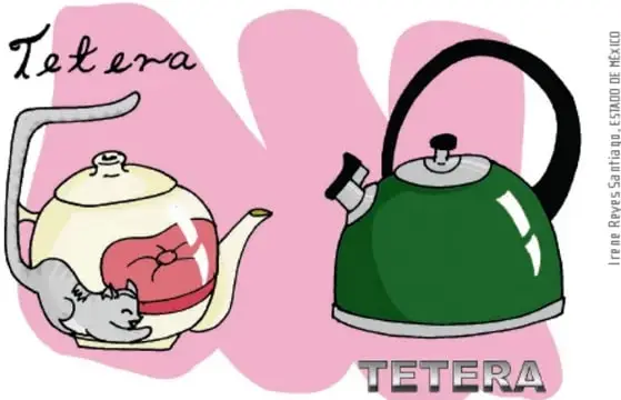 Dos ilustraciones de teteras: una con colores suaves y la palabra 'Tetera' en cursiva manuscrita; otra con colores verdes fuertes y la palabra 'TETERA' en letras de molde gruesas.