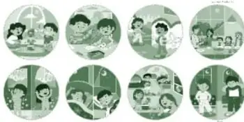 Plancha 'Lo que hago cada día' con ocho círculos ilustrados en dos filas de cuatro, que muestran escenas de actividades cotidianas: convivir y comer en familia, jugar, asistir a la escuela, leer, dormirse, entre otras.