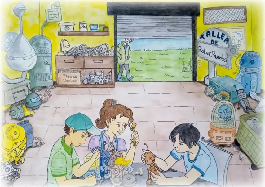 Ilustración de un taller de robotbumbs: tres jóvenes trabajando en robots sobre una mesa, estantes con piezas, un letrero que dice 'CALLE DE RobotBumbs' y varios robots de colores alrededor.