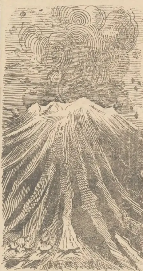Grabado de un volcán en erupción con una gran columna de humo y ceniza, y personas observando desde la falda.