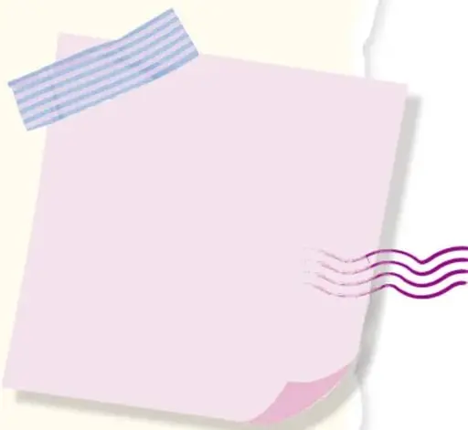 Nota adhesiva rosa con cinta azul y líneas de movimiento, elemento decorativo.