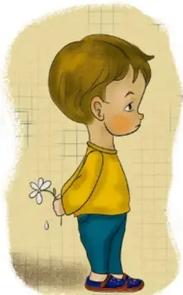Ilustración de un niño con una flor marchita, expresión de tristeza.